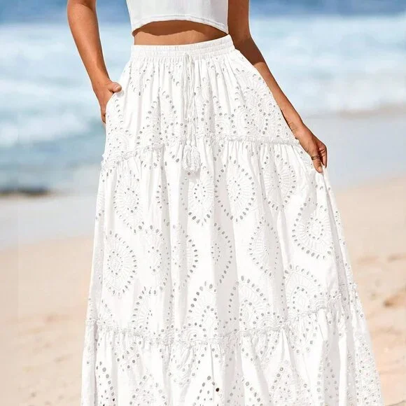 White Boho Women's Tiered Flowy Maxi Skirt with Lace Embroidery - Picture 2 of 5
